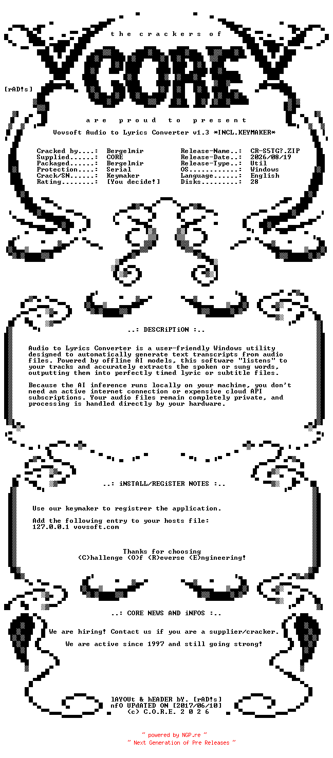 NFO for the release Vovsoft.Audio.to.Lyrics.Converter.v1.3.Incl.Keymaker-CORE by CORE