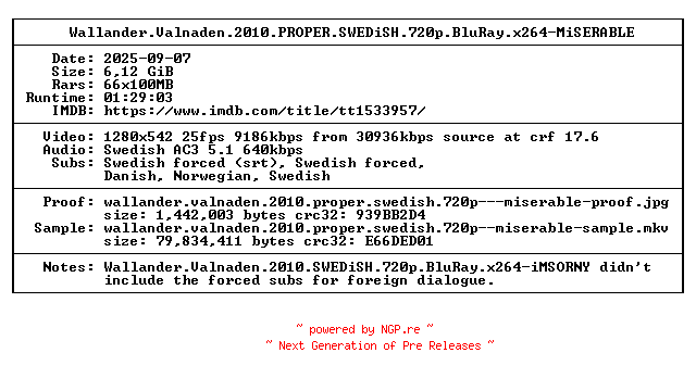 NFO for the release Wallander.Valnaden.2010.PROPER.SWEDiSH.720p.BluRay.x264-MiSERABLE by MiSERABLE