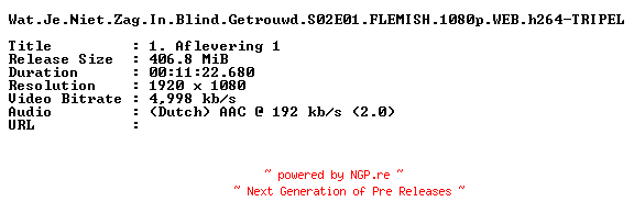 NFO for the release Wat.Je.Niet.Zag.In.Blind.Getrouwd.S02E01.FLEMISH.1080p.WEB.h264-TRIPEL by TRIPEL