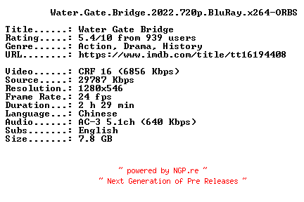 NFO for the release Water.Gate.Bridge.2022.720p.BluRay.x264-ORBS by ORBS