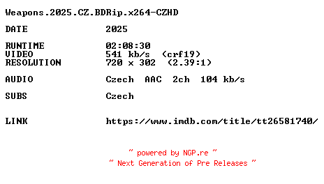 NFO for the release Weapons.2025.CZ.BDRip.x264-CZHD by CZHD