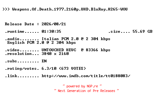 NFO for the release Weapons.Of.Death.1977.2160p.UHD.BluRay.H265-WOU by WOU