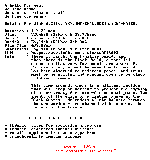 NFO for the release Wicked.City.1987.iNTERNAL.BDRip.x264-HAiKU by HAiKU
