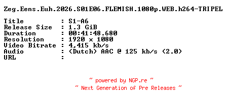NFO for the release Zeg.Eens.Euh.2026.S01E06.FLEMISH.1080p.WEB.h264-TRIPEL by TRIPEL