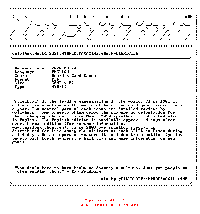 NFO for the release spielbox.No.04.2026.HYBRiD.MAGAZiNE.eBook-LiBRiCiDE by LiBRiCiDE