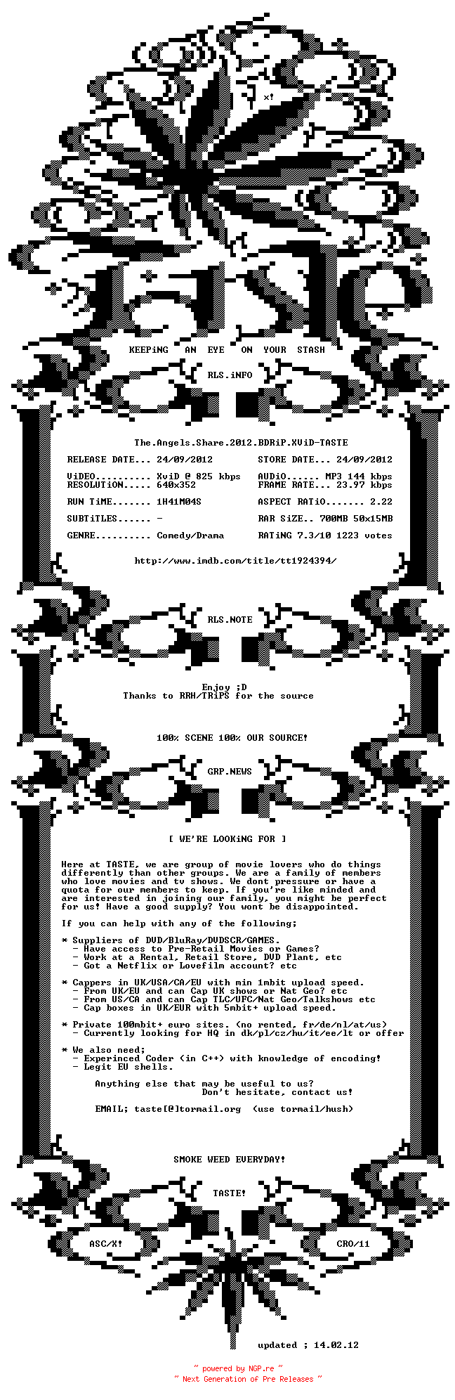 NFO for the release The.Angels.Share.2012.BDRiP.XViD-TASTE by TASTE