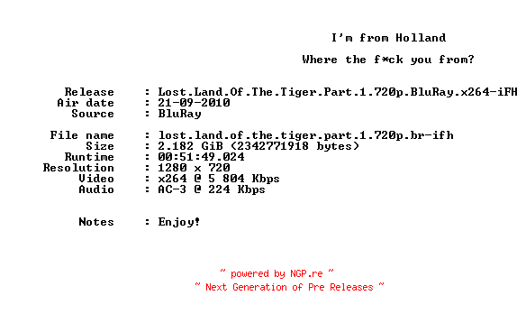 NFO for the release Lost.Land.Of.The.Tiger.Part.1.720p.BluRay.x264-iFH by iFH
