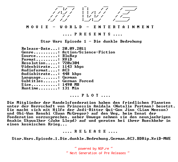 NFO for the release Star.Wars.Episode.1.Die.dunkle.Bedrohung.German.AC3.BDRip.XviD-MWE by MWE