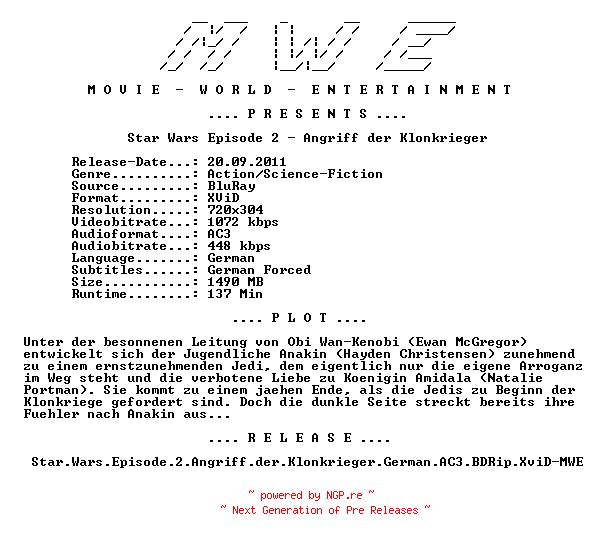 NFO for the release Star.Wars.Episode.2.Angriff.der.Klonkrieger.German.AC3.BDRip.XviD-MWE by MWE