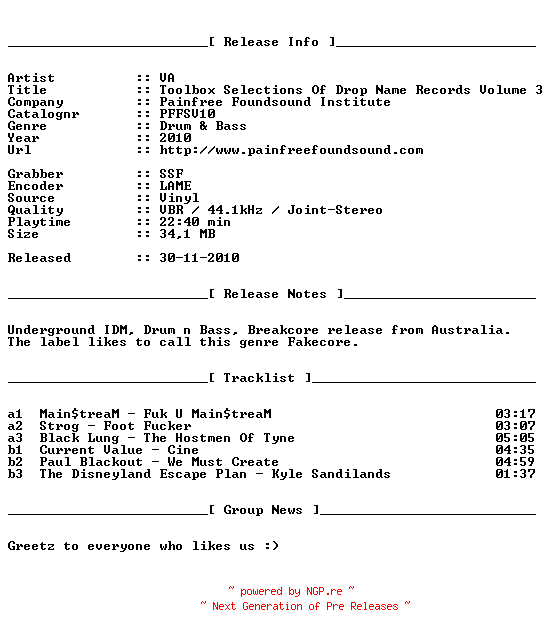 NFO for the release va-toolbox_selections_of_drop_name_records_volume_3-(pffsv10)-vinyl-2010 by 2010