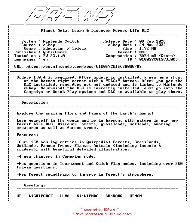 NFO for the release Planet_Quiz_Learn_and_Discover_Forest_Life_DLC_NSW-BREWS by BREWS