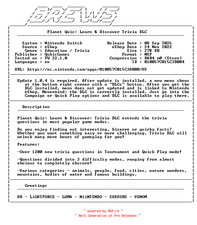 NFO for the release Planet_Quiz_Learn_and_Discover_Trivia_DLC_NSW-BREWS by BREWS