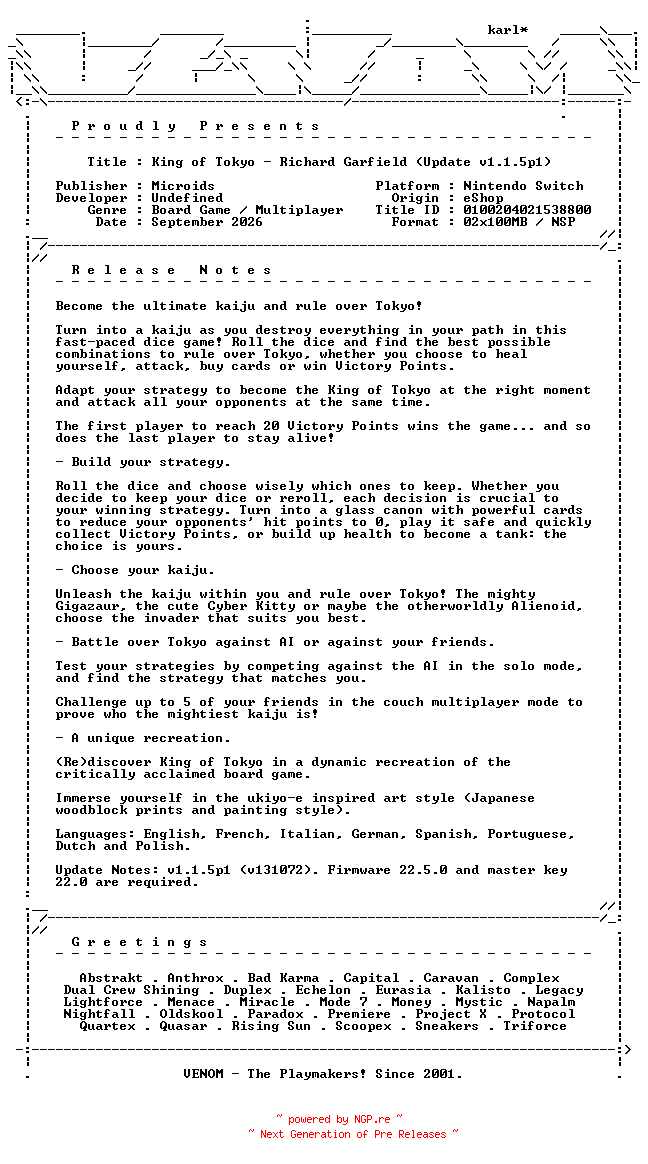 NFO for the release King_of_Tokyo_Richard_Garfield_Update_v1.1.5p1_NSW-VENOM by VENOM