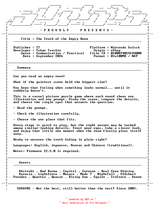 NFO for the release The_Truth_of_the_Empty_Room_NSW-SUXXORS by SUXXORS