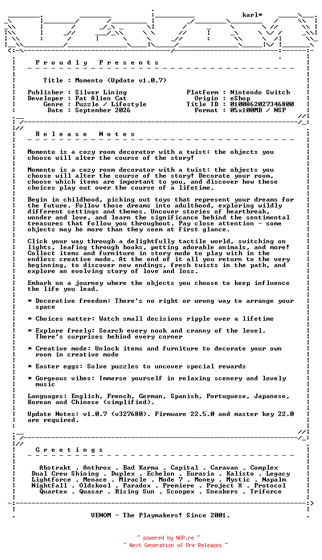 NFO for the release Momento_Update_v1.0.7_NSW-VENOM by VENOM