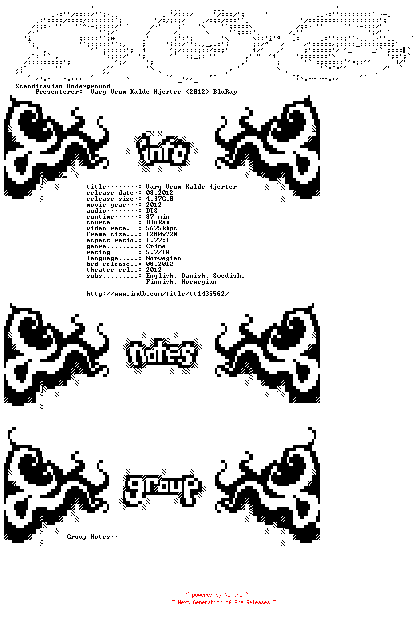 NFO for the release Varg.Veum.Kalde.Hjerter.2012.720p.BluRay.x264-SUG by SUG