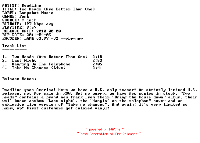 NFO for the release deadline-two_heads_(are_better_than_one)-vls-2010 by 2010