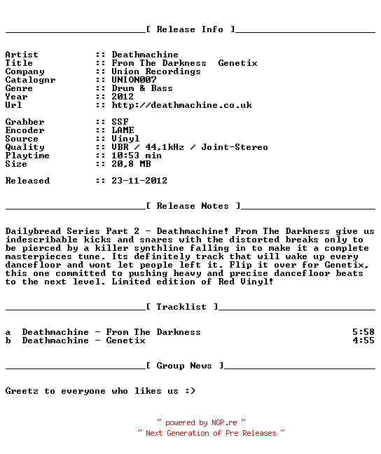 NFO for the release deathmachine-from_the_darkness__genetix-(union007)-vinyl-2012 by 2012