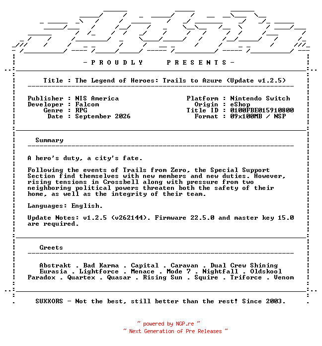 NFO for the release The_Legend_of_Heroes_Trails_to_Azure_Update_v1.2.5_NSW-SUXXORS by SUXXORS