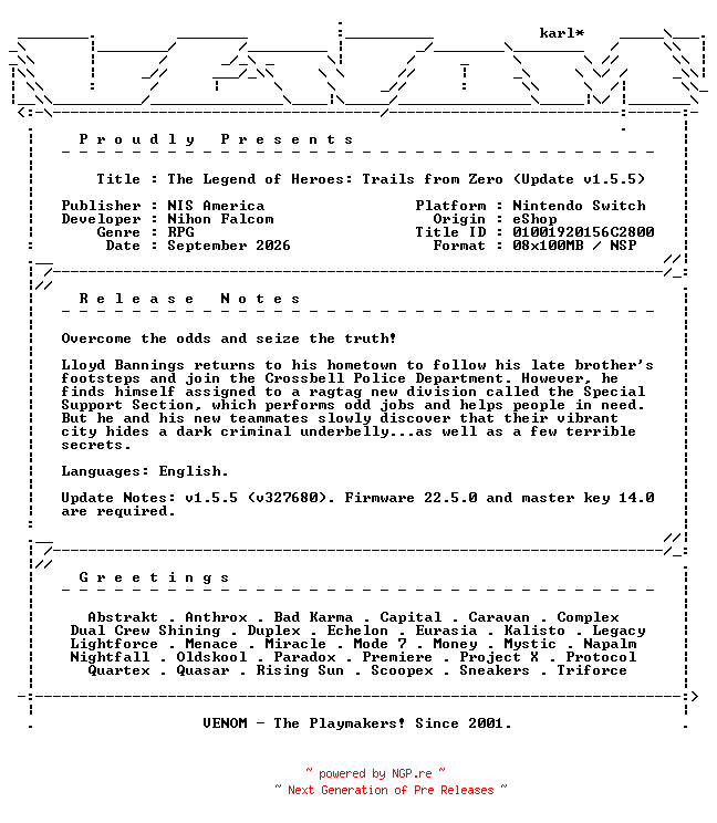 NFO for the release The_Legend_of_Heroes_Trails_from_Zero_Update_v1.5.5_NSW-VENOM by VENOM