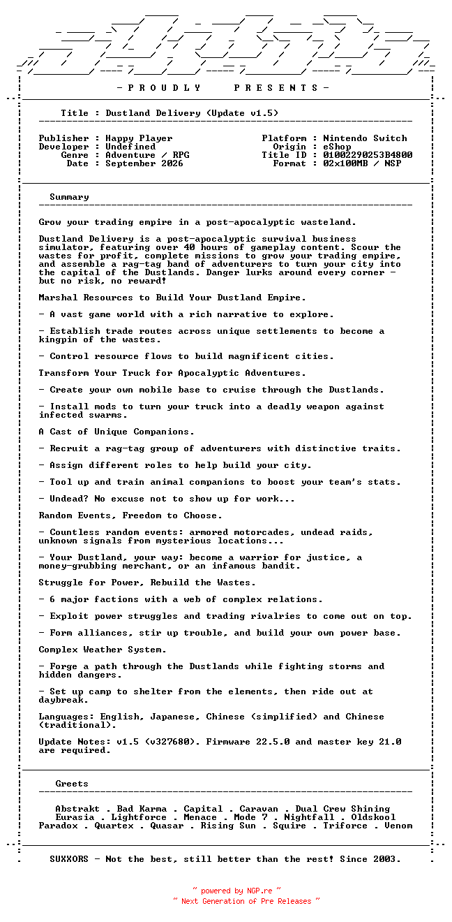 NFO for the release Dustland_Delivery_Update_v1.5_NSW-SUXXORS by SUXXORS