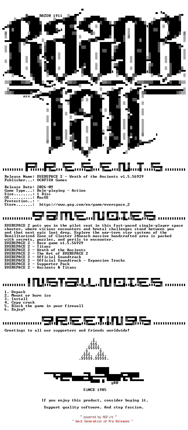 NFO for the release EVERSPACE_2_Wrath_of_the_Ancients_v1.5.56929_MacOS-Razor1911 by Razor1911