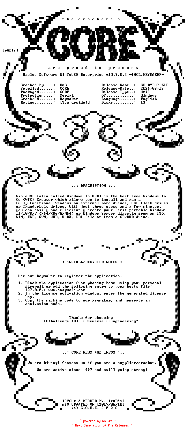 NFO for the release Hasleo.Software.WinToUSB.Enterprise.v10.9.0.2.Incl.Keymaker-CORE by CORE