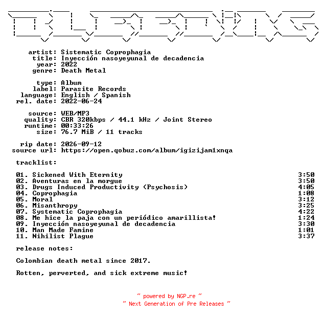 NFO for the release Sistematic_Coprophagia-Inyeccion_nasoyeyunal_de_decadencia-WEB-2022-BLEEDiNG by BLEEDiNG