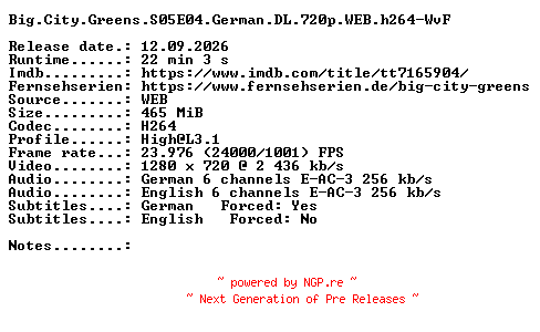 NFO for the release Big.City.Greens.S05E04.German.DL.720p.WEB.h264-WvF by WvF