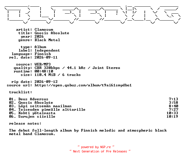 NFO for the release Clamosum-Gnosis_Absolute-FI-WEB-2026-BLEEDiNG by BLEEDiNG