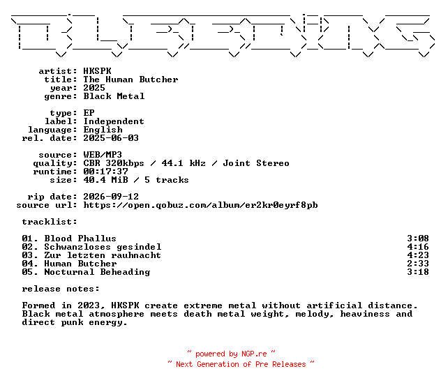 NFO for the release HKSPK-The_Human_Butcher-EP-WEB-2025-BLEEDiNG by BLEEDiNG