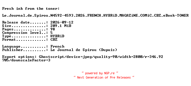 NFO for the release Le.Journal.de.Spirou.N4592-4593.2026.FRENCH.HYBRiD.MAGAZiNE.COMiC.CBZ.eBook-TONER by TONER