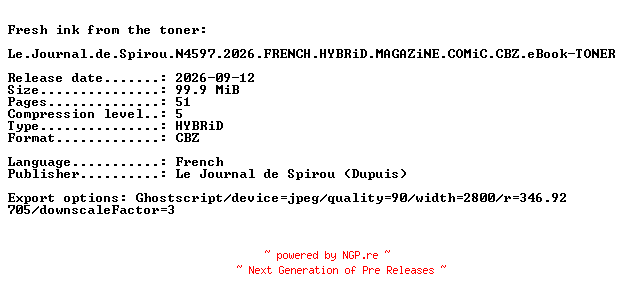 NFO for the release Le.Journal.de.Spirou.N4597.2026.FRENCH.HYBRiD.MAGAZiNE.COMiC.CBZ.eBook-TONER by TONER