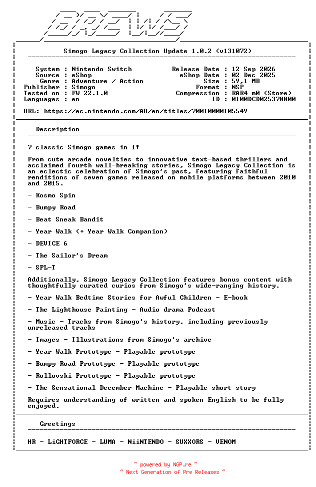 NFO for the release Simogo_Legacy_Collection_Update_v1.0.2_NSW-BREWS by BREWS