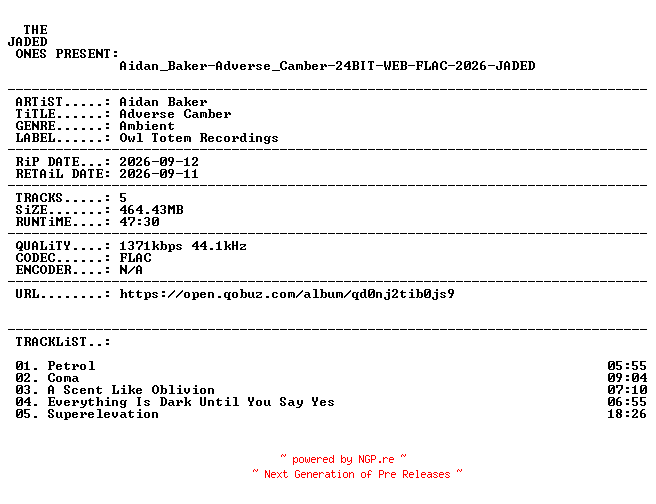NFO for the release Aidan_Baker-Adverse_Camber-24BIT-WEB-FLAC-2026-JADED by JADED