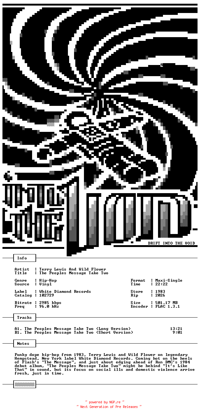 NFO for the release Terry_Lewis_and_Wild_Flower-The_Peoples_Message_Take_Two-VLS-FLAC-1983-THEVOiD by THEVOiD