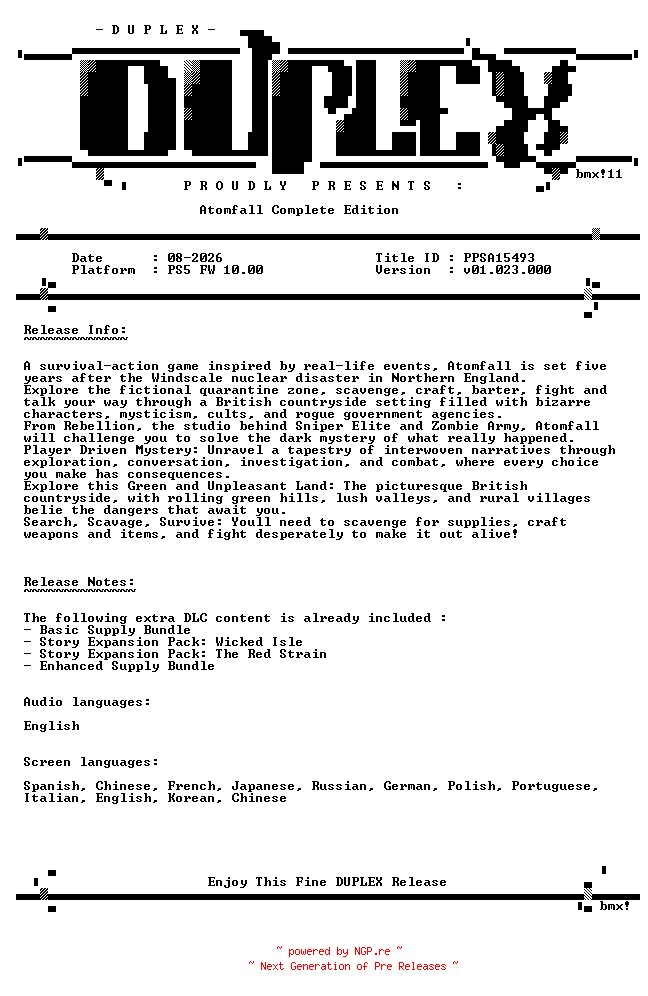 NFO for the release Atomfall.Complete.Edition.PS5-DUPLEX by DUPLEX
