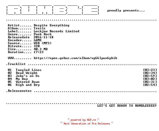NFO for the release Despite_Everything-Trails-EP-(WEB)-2016-RUMBLE by RUMBLE