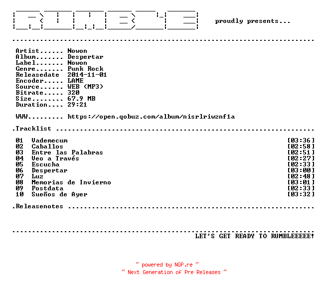 NFO for the release Nowon-Despertar-(WEB)-AR-2014-RUMBLE by RUMBLE