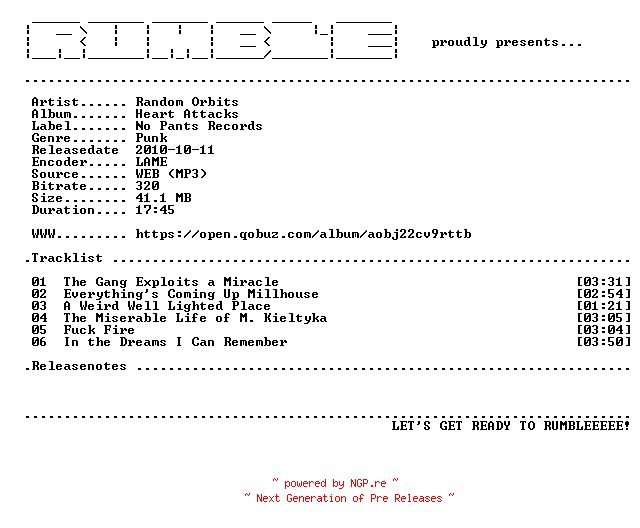 NFO for the release Random_Orbits-Heart_Attacks-EP-(WEB)-2010-RUMBLE by RUMBLE