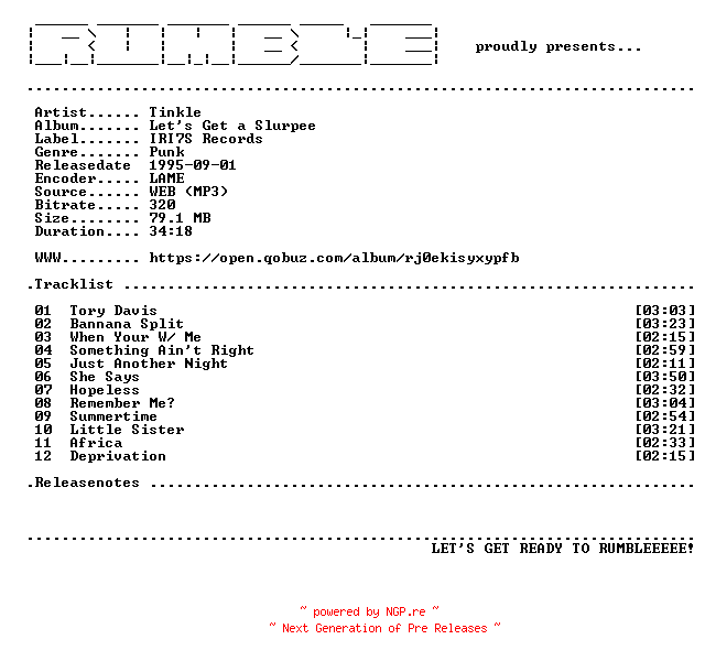 NFO for the release Tinkle-Lets_Get_a_Slurpee-(WEB)-1995-RUMBLE by RUMBLE