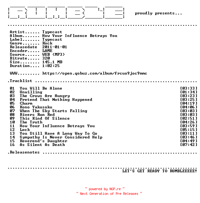 NFO for the release Typecast-How_Your_Influence_Betrays_You-(WEB)-2011-RUMBLE by RUMBLE