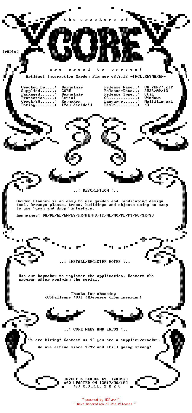 NFO for the release Artifact.Interactive.Garden.Planner.v3.9.12.Multilingual.Incl.Keymaker-CORE by CORE