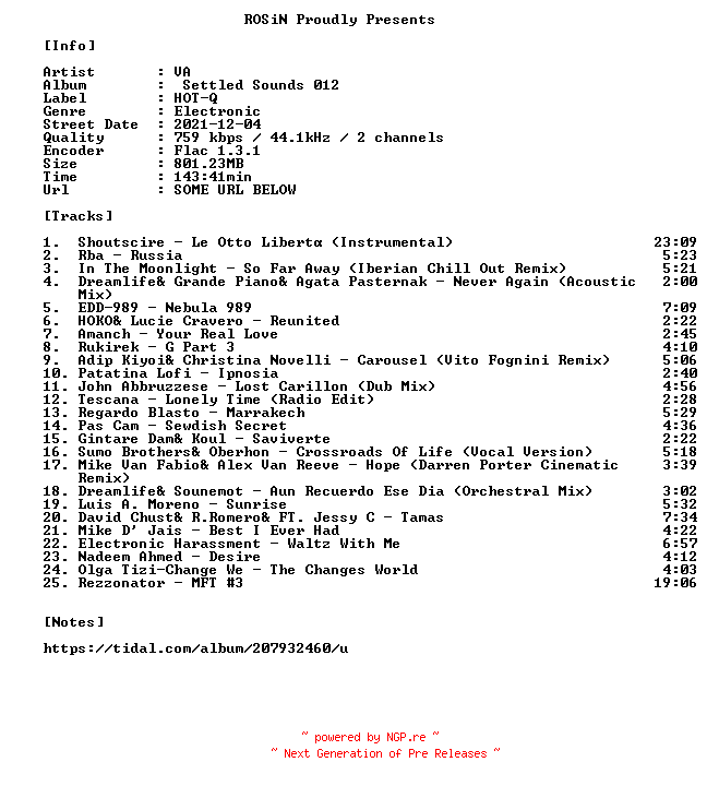 NFO for the release VA-Settled_Sounds_012-16BIT-WEB-FLAC-2021-ROSiN by ROSiN