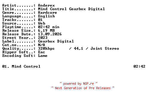 NFO for the release Anderex-MIND_CONTROL_Gearbox_Digital-SINGLE-WEB-2023-XTC_iNT by XTC_iNT