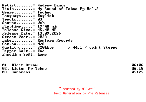 NFO for the release Andrew_Dance-My_Sound_of_Tekno_EP_Vol2-WEB-2023-XTC_iNT by XTC_iNT