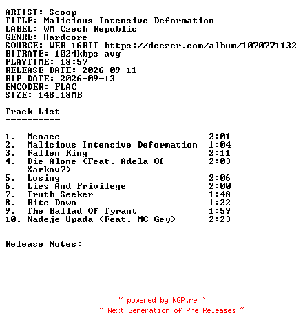 NFO for the release Scoop-Malicious_Intensive_Deformation-16BIT-WEB-FLAC-2026-SDR by SDR