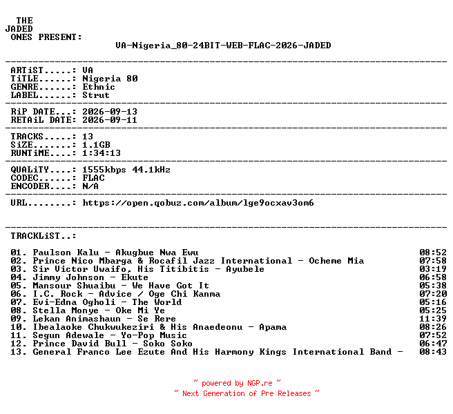 NFO for the release VA-Nigeria_80-24BIT-WEB-FLAC-2026-JADED by JADED