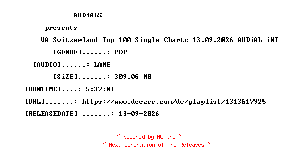 NFO for the release VA-Switzerland_Top_100_Single_Charts_13.09.2026-AUDiAL_iNT by AUDiAL_iNT