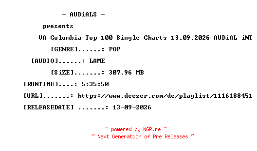 NFO for the release VA-Colombia_Top_100_Single_Charts_13.09.2026-AUDiAL_iNT by AUDiAL_iNT